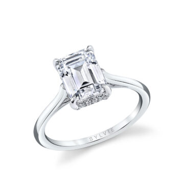 White Gold Emerald Cut Solitaire Hidden Halo Engagement Ring - Carter