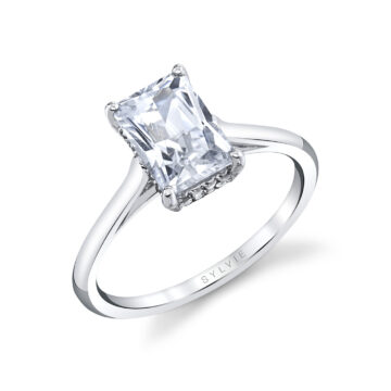 White Gold Radiant Cut Solitaire Hidden Halo Engagement Ring - Carter