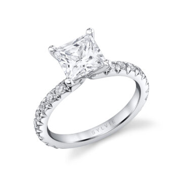 White Gold Princess Cut Classic Wide Band Engagement Ring - Querida