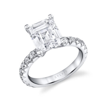 White Gold Emerald Cut Classic Wide Band Engagement Ring - Marlise