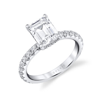 White Gold Emerald Cut Classic Wide Band Engagement Ring - Malencia