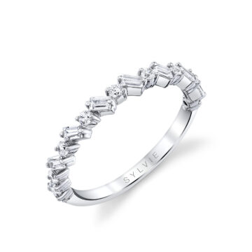 White Gold Baguette and Round Slanted Diamond Wedding Band