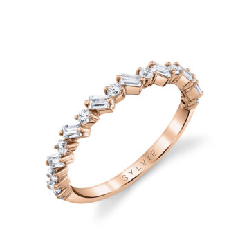 White Gold Baguette and Round Slanted Diamond Wedding Band