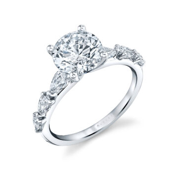 White Gold Round Cut Engagement Ring with Pear Side Stones - Beverly