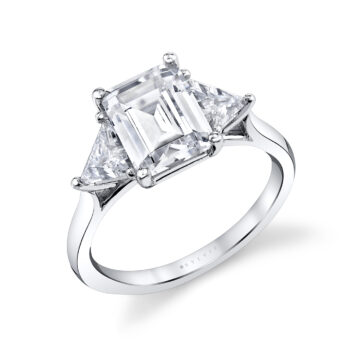 White Gold Emerald Cut Unique Three Stone Engagement Ring - Teresia