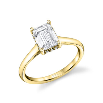 White Gold Emerald Cut Solitaire Hidden Halo Engagement Ring - Elliott