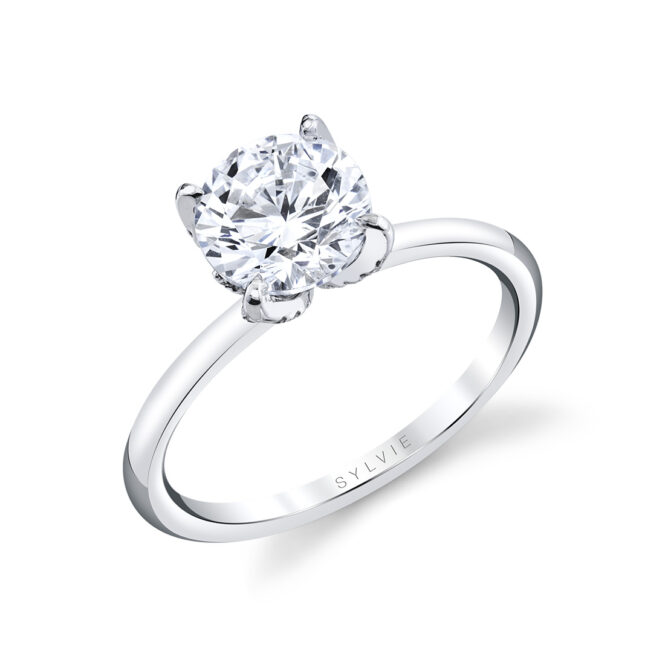 White Gold Round Cut Solitaire Diamond Petal Prong Engagement Ring