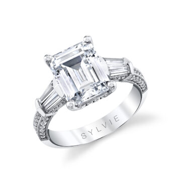 White Gold Emerald Cut Three Stone Engagement Ring - Alexis