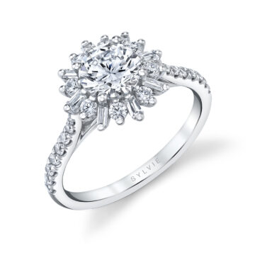 White Gold Round Cut Floral Halo Engagement Ring - Alana