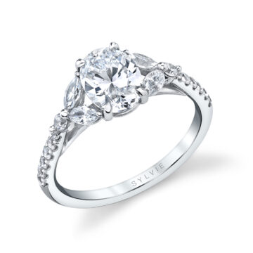 White Gold Oval Cut Unique Three Stone Engagement Ring - Bernice