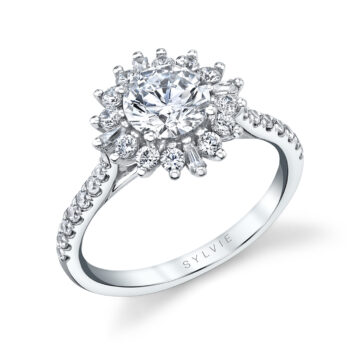 White Gold Round Cut Floral Halo Engagement Ring - Ariana