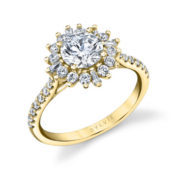 White Gold Round Cut Floral Halo Engagement Ring - Ariana