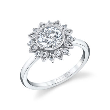 Round Cut Solitaire Floral Halo Engagement Ring - Carrie