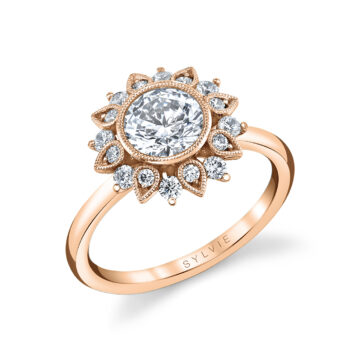 White Gold Round Cut Solitaire Floral Halo Engagement Ring - Carrie