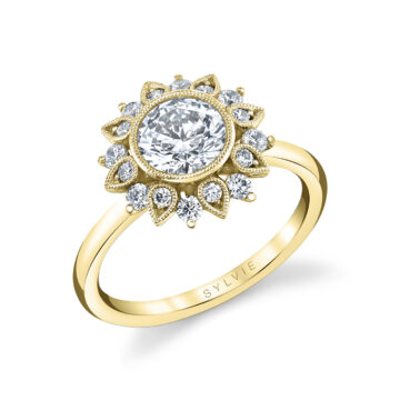 White Gold Round Cut Solitaire Floral Halo Engagement Ring - Carrie