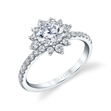 White Gold Round Cut Floral Halo Engagement Ring - Angela