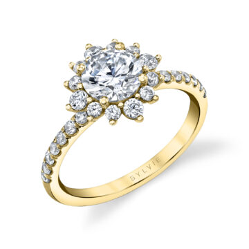 White Gold Round Cut Floral Halo Engagement Ring - Angela