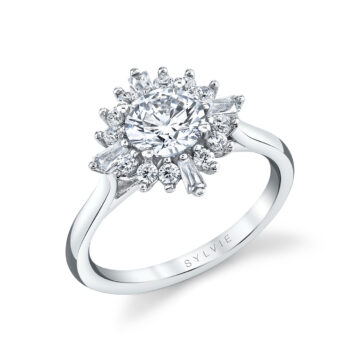 White Gold Round Cut Floral Halo Engagement Ring - Ariah