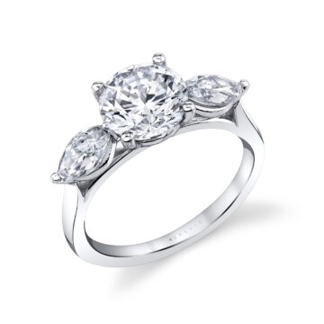 White Gold Round Cut Unique Three Stone Engagement Ring - Arya