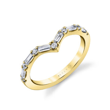 White Gold Curved Wedding Ring with Alternating Round Diamonds and Baguettes