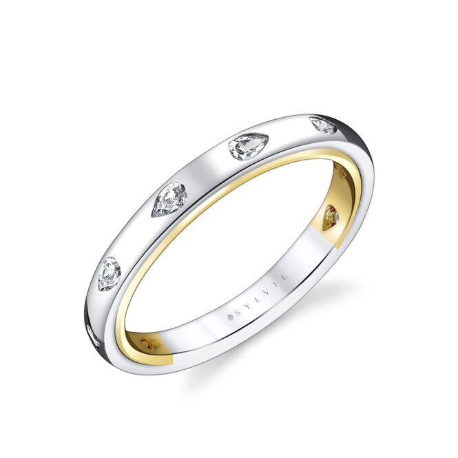 two tone flush set pear wedding ring