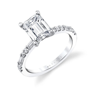 White Gold Emerald Cut Alternating Diamond and Baguette Engagement Ring - Tessa