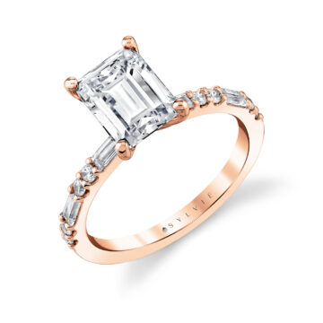 White Gold Emerald Cut Alternating Diamond and Baguette Engagement Ring - Tessa