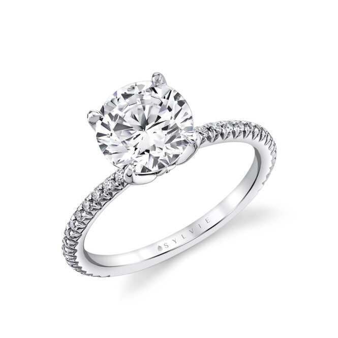 white gold diamond petal prong engagement ring top angle