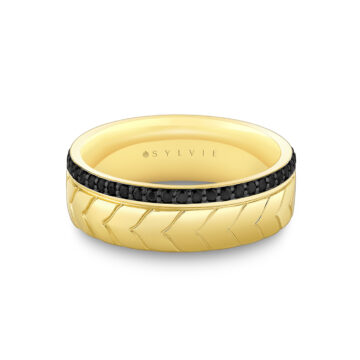 Yellow Gold Shell Apex Engraved Black Diamond Men’s Band - Isaac