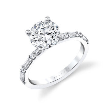 Round Cut Alternating Diamond and Baguette Engagement Ring - Bonnie