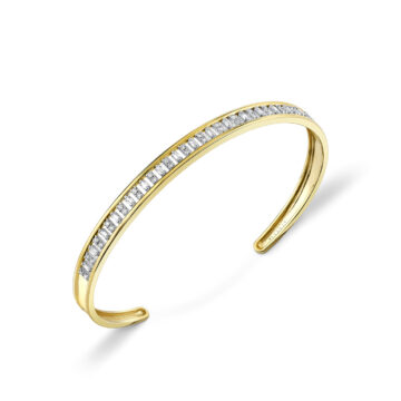 White Gold/Yellow Gold Éternelle Open Alternating Round and Baguette Diamond Bangle