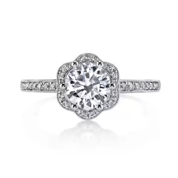 White Gold Round Cut Flower Halo Engagement Ring - Lilian