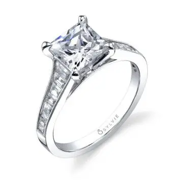 White Gold Modern Princess Cut Baguette Engagement Ring - Colletta