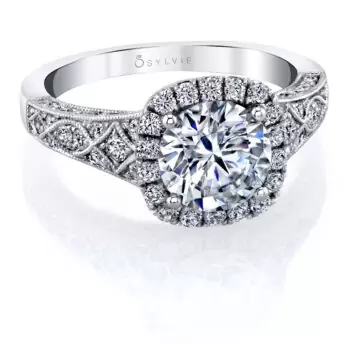 White Gold Round Cut Vintage Inspired Engagement Ring with Cushion Halo - Elodie