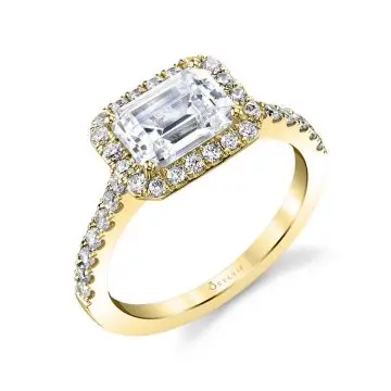 White Gold Emerald Cut East-West Classic Halo Engagement Ring - Chantelle