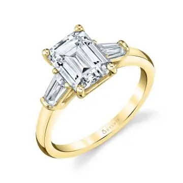 White Gold Emerald Cut Three Stone Engagement Ring with Baguettes - Nicolette