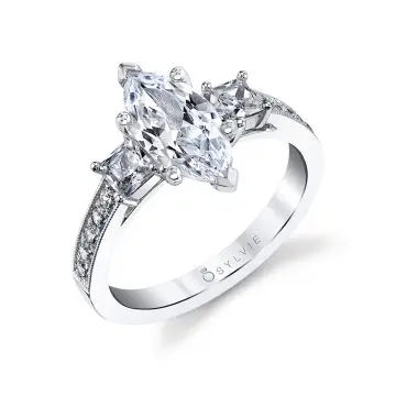 White Gold Marquise Cut Three Stone Engagement Ring With Princess Side Stones - Eva