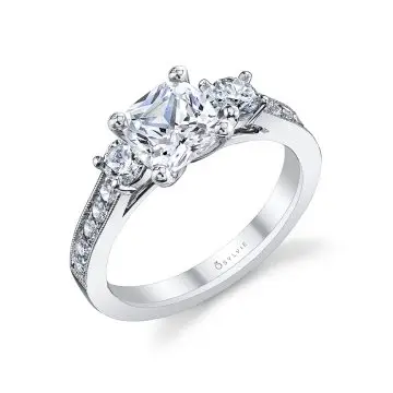 White Gold Cushion Cut Vintage Inspired Three Stone Engagement Ring - Noella