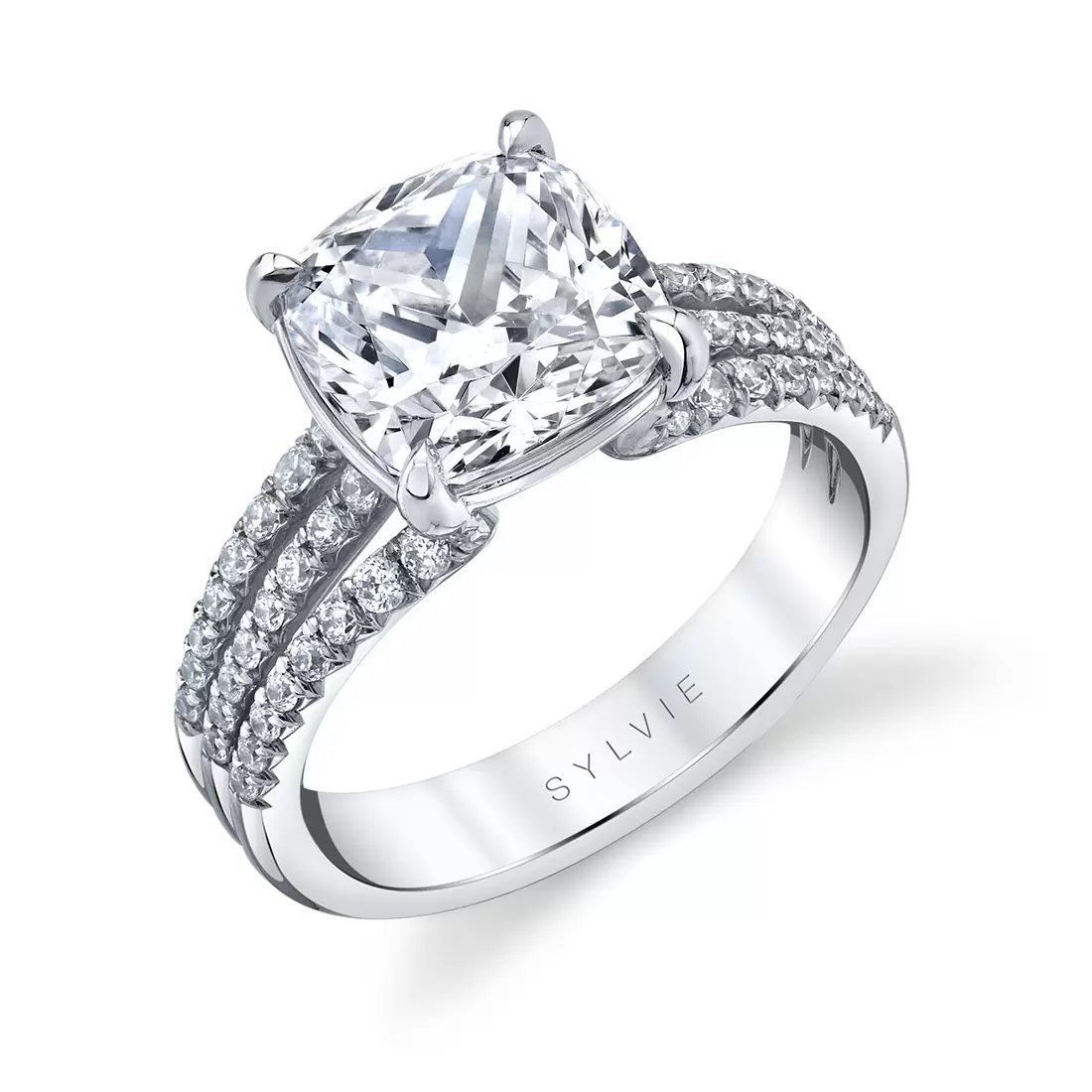 White Gold Cushion Cut Split Shank Engagement Ring