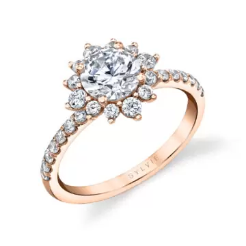 White Gold Round Cut Floral Halo Engagement Ring - Angela