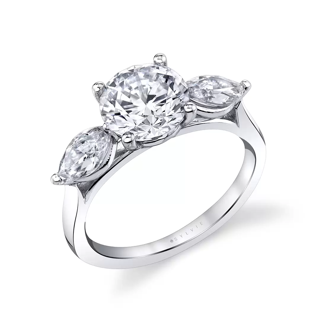 White Gold Round Cut Unique Three Stone Engagement Ring