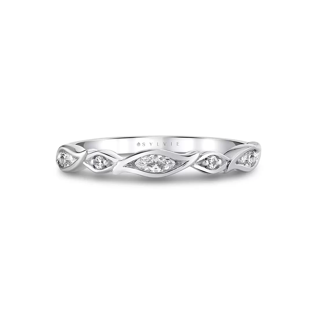 alternating diamond leaf wedding ring in white gold front angle