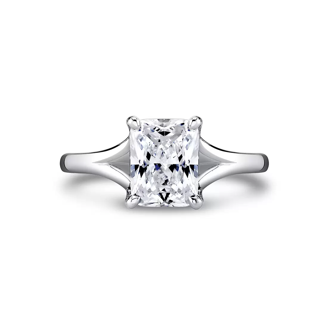 White Gold Radiant Cut Iconelle Solitaire Shell Taper Engagement Ring Front View