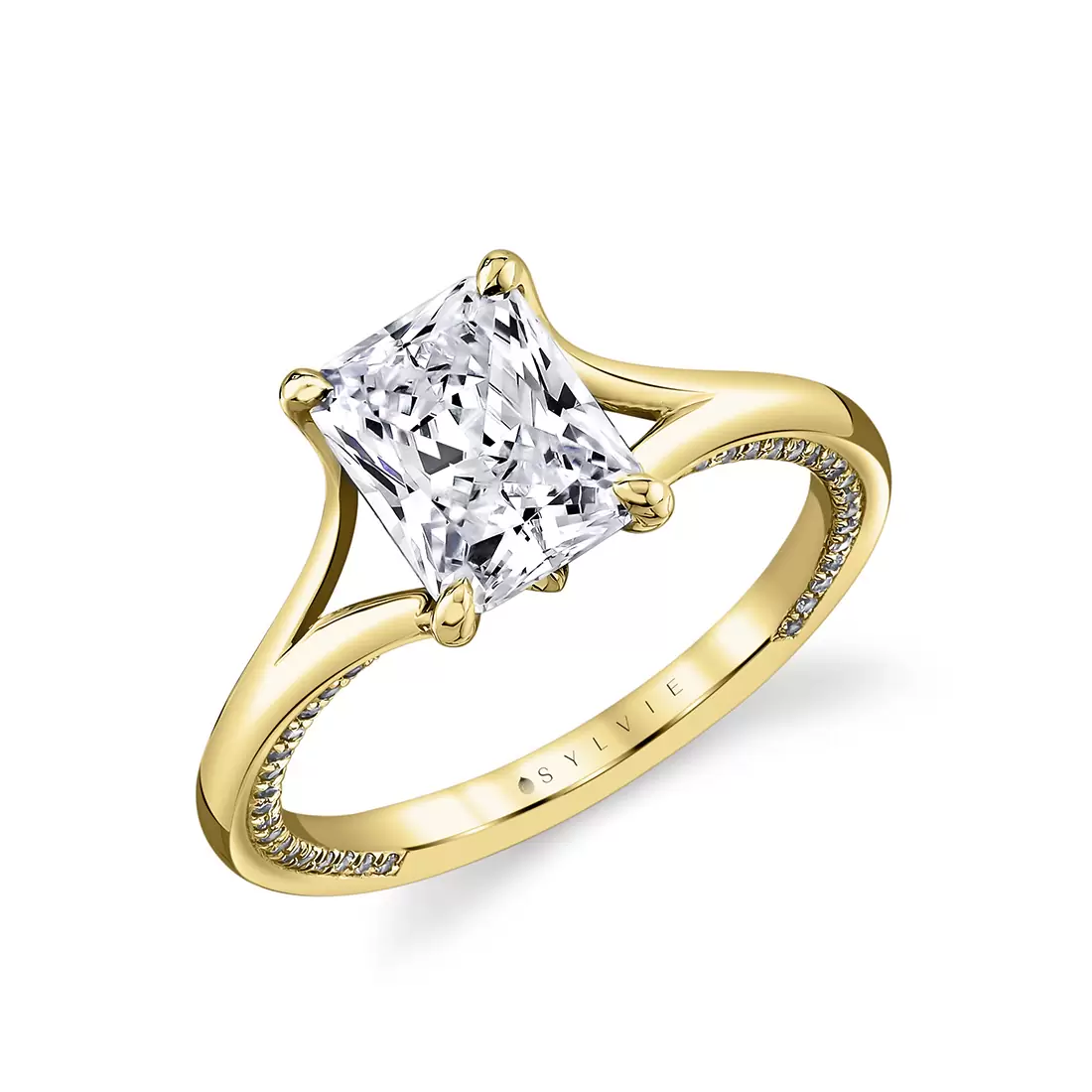 Yellow Gold Radiant Cut Iconelle Solitaire Shell Taper Engagement Ring