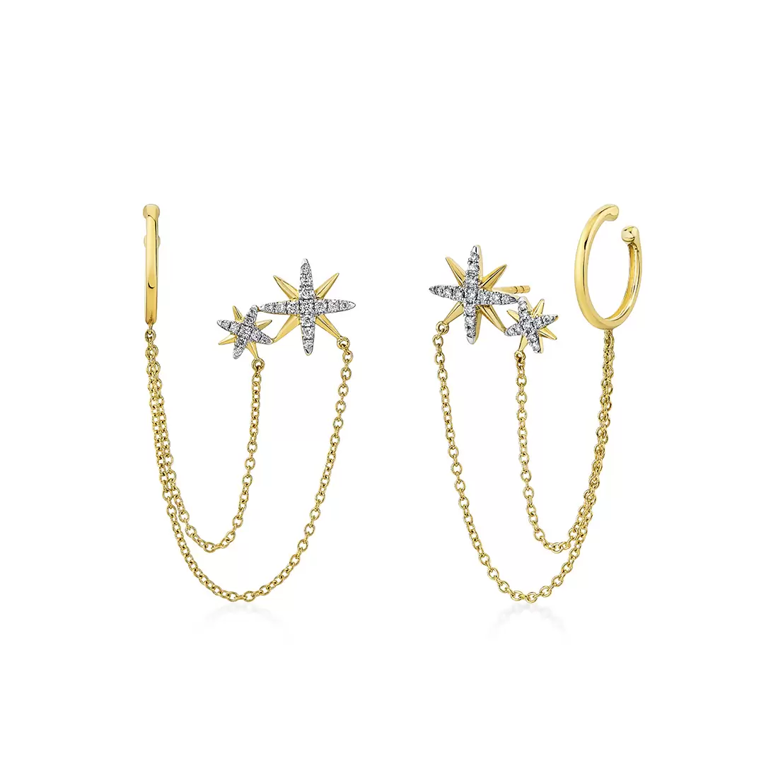 yellow gold solaz sun burst diamond earrings with ear cuff