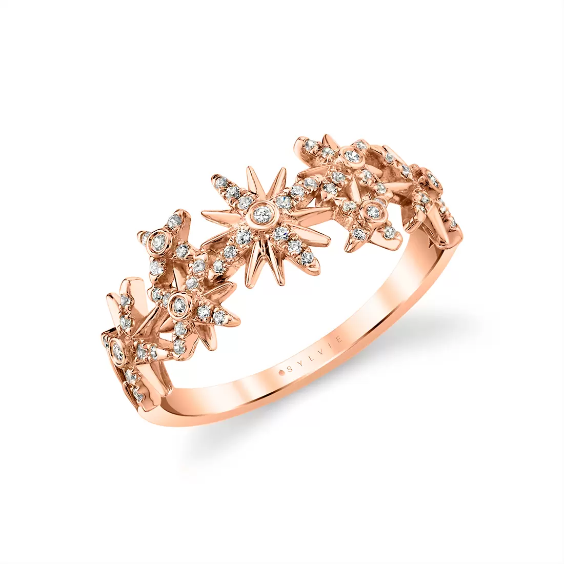 rose gold solaz sun bursts diamond ring top angle