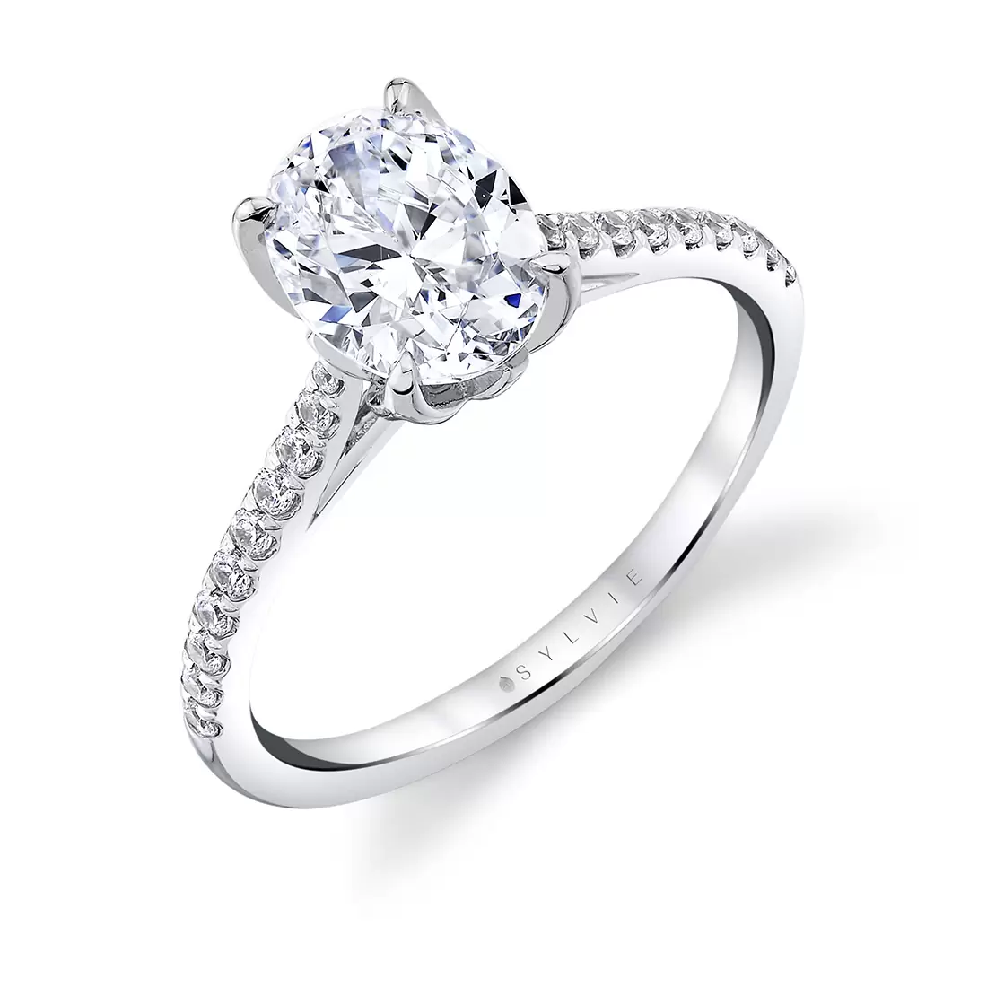 white gold petal prong diamond engagement ring top angle