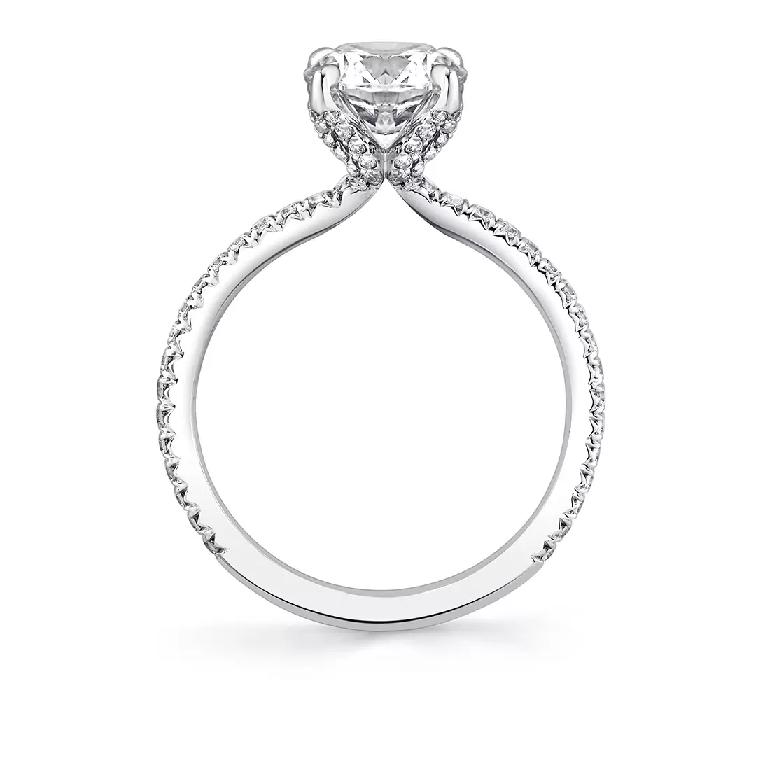 white gold diamond petal prong engagement ring profile angle