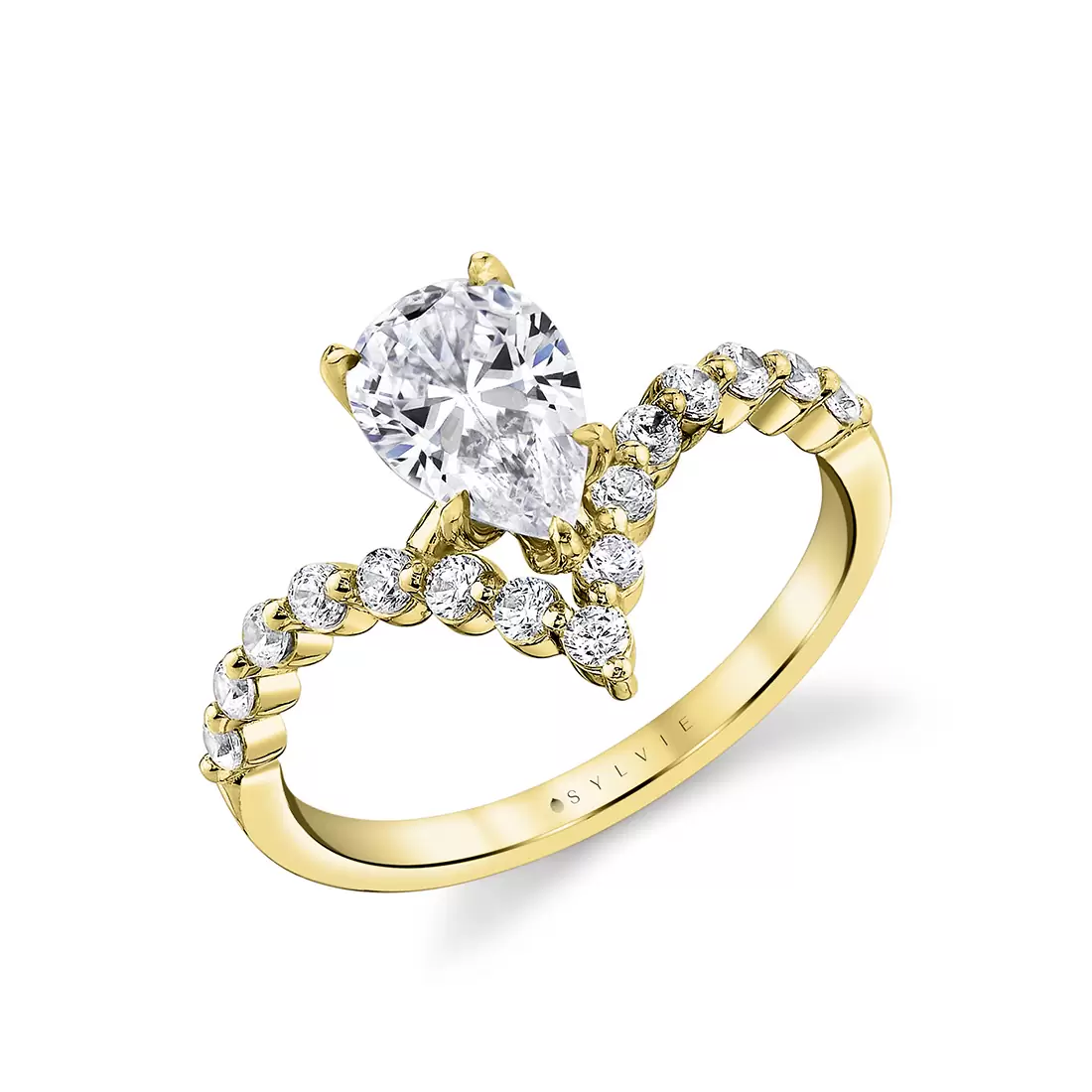 yellow gold curved shared prong engagement ring top angle