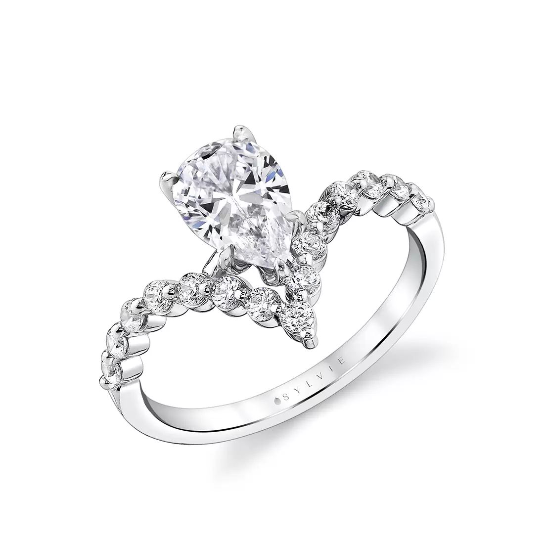 white gold curved shared prong engagement ring top angle